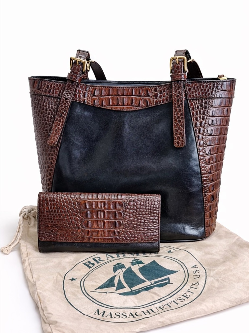 Brahmin Black & Brown Croc-Embossed Leather Tote with Matching Wallet